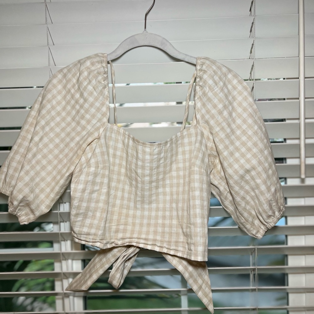 Plaid Puff Sleeve Tie-Back Top